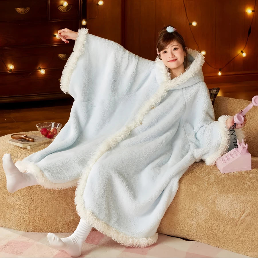WASART Winter warm plush blanket with sleeves hooded sweater boho style wearable oversized outdoor fluffy fleece hoodie blanket