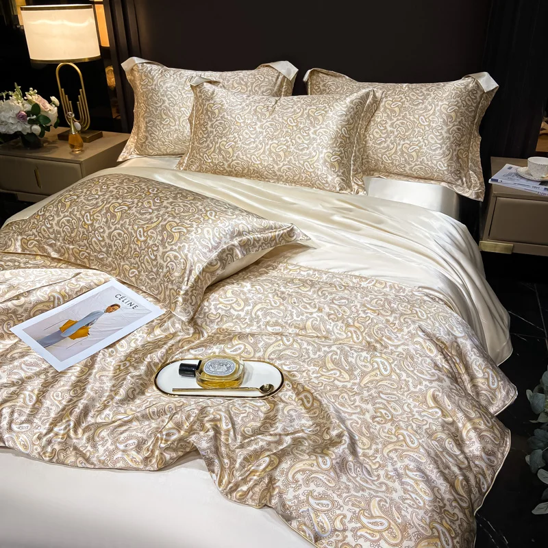 Floral Pattern Mulberry Silk Bedding Set Luxury High-End Duvet Cover Bed Sheet Pillowcase Smooth Comforter Quilt Cover Bedsheet