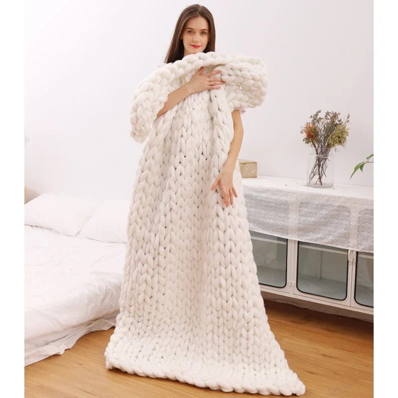 WASART Chunky merino wool blanket thick large yarn roving knitted blanket winter warm plaid throw blankets sofa bed blanket