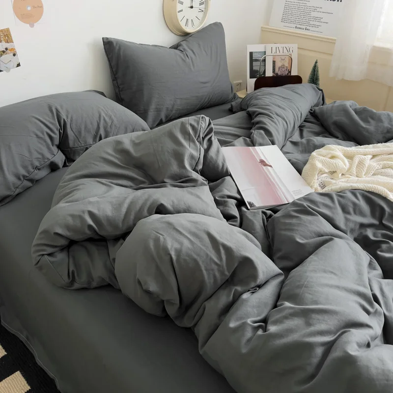 WASART Solid Color Washed Cotton 4-Piece Bedding Set Soft Durable Four Season Bed Sheets & Pillowcases for King Queen Full Size