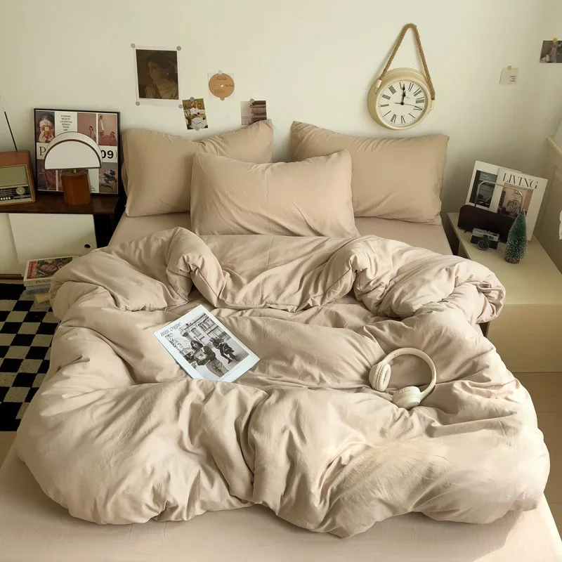 WASART Solid Color Washed Cotton 4-Piece Bedding Set Soft Durable Four Season Bed Sheets & Pillowcases for King Queen Full Size