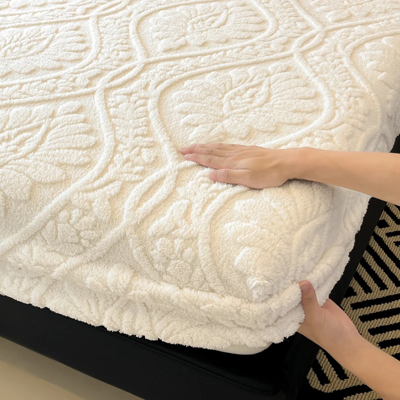 WASART Soft warm coral fleece fitted sheet elastic mattress protector cover retro jacquard winter fluffy plush bed linen 180x200