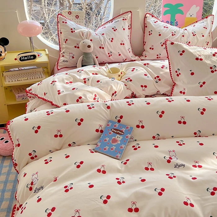 Washed Cotton Bed Linen Bedding Set Comforter Cover Pillowcase Flat/Fitted Sheet Comforter Set Single Double Bed Quilt Cover Ins