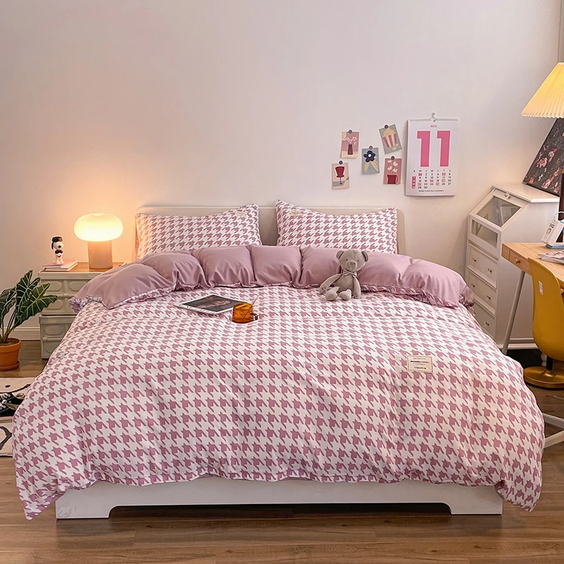 Pure Cotton Home Textile Plaid Pattern Bedding Set Simple Soft Duvet Cover Flat/Fitted Sheets Pillowcases Bed Linens Queen King