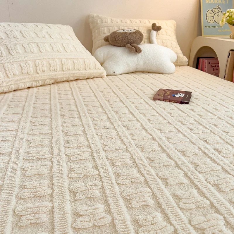 Jacquard Fleece Velvet Fitted Sheet Plush Soft Bed Cover Mattress Cover with Elastic Band Autumn Winter Warm Bed Sheet 120/160cm