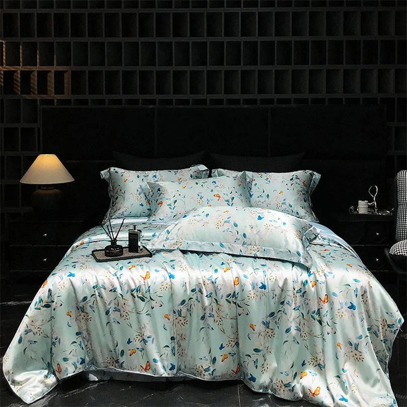Home Silk Duvet Cover Set with Bed Sheet Pillowcase 4 Piece Natural Silk Bedding Sets Soft Smooth Comforter Covers with Zipper