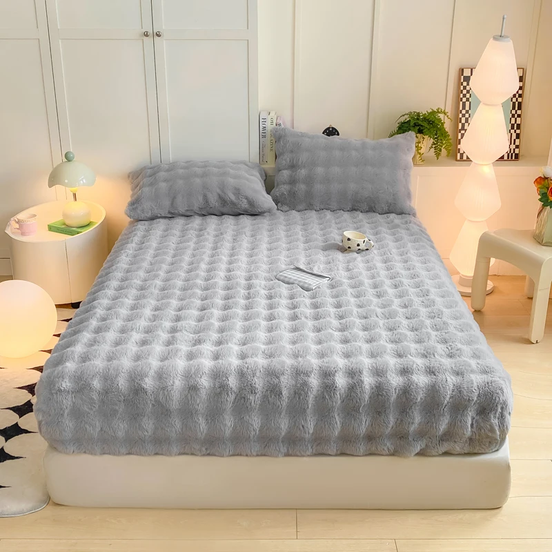 WASART Warm Winter Plush Fitted Sheet Elastic Mattress Protector Cover Fluffy Bubble Coral Fleece Bed Linens 180x200 King Size