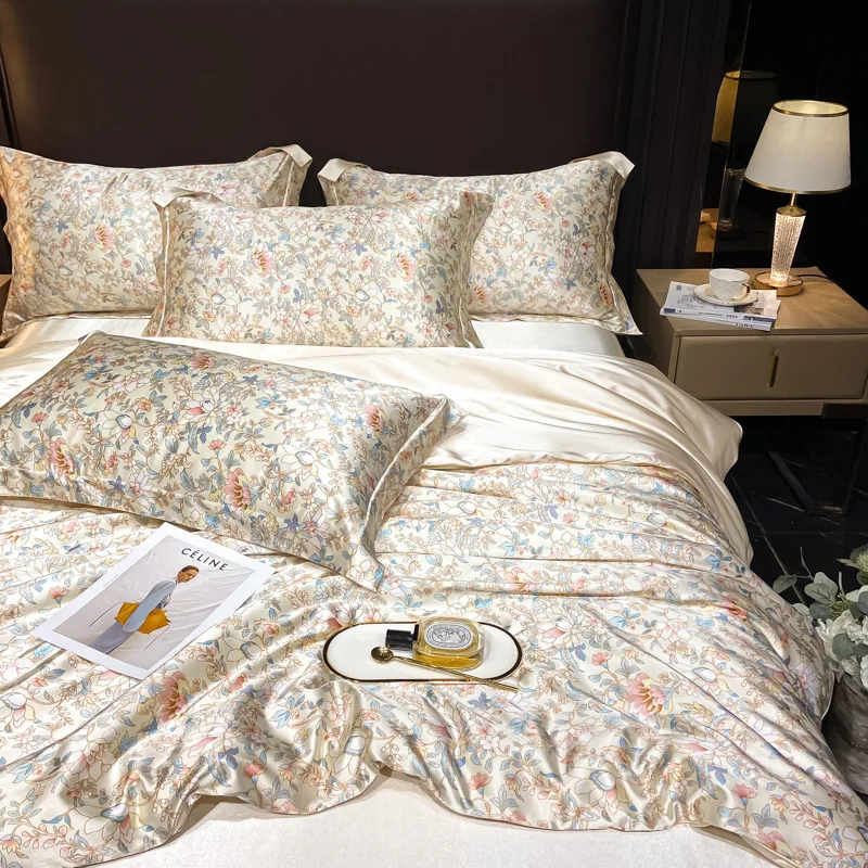 Luxury Floral Silk Bedding Set with Duvet Cover Fitted & Flat Bed Sheet Pillowcase Silky Smooth Bed Sheet Sets Twin Full Queen