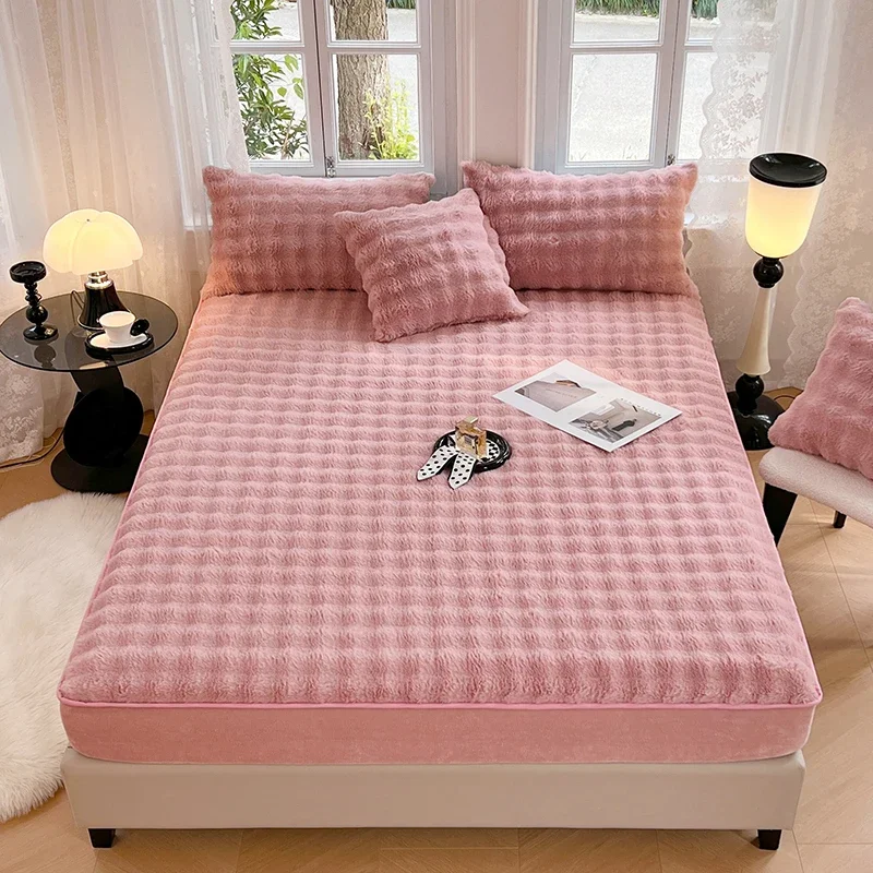 WASART Soft warm rabbit plush fitted sheet elastic mattress protector cover fluffy coral fleece 150cm winter bedsheet king size