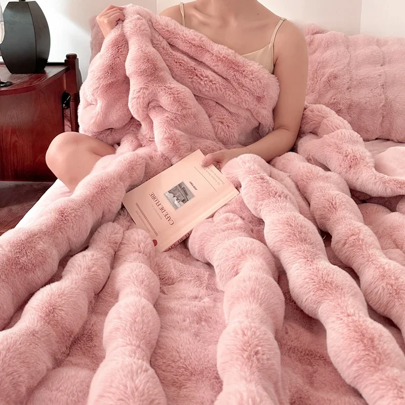 WASART Faux fur plush throw blanket warm winter soft fluffy blankets for bed luxury plaid couch cover for sofa pillow case gift
