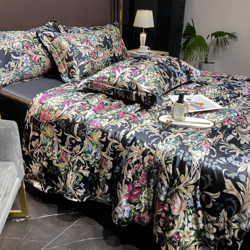 Home Silk Duvet Cover Set with Bed Sheet Pillowcase 4 Piece Natural Silk Bedding Sets Soft Smooth Comforter Covers with Zipper