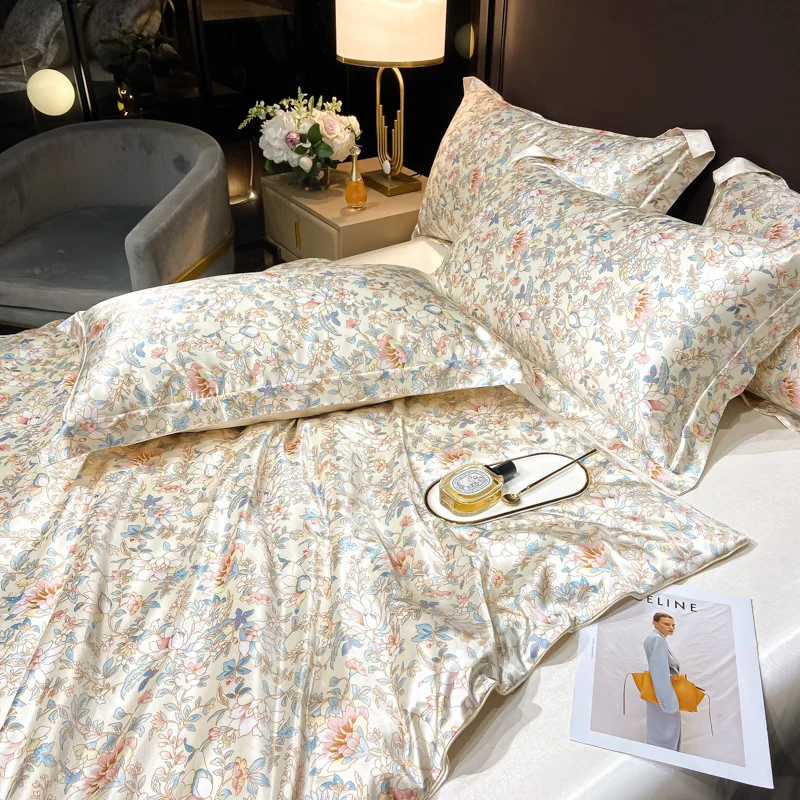 Luxury Floral Silk Bedding Set with Duvet Cover Fitted & Flat Bed Sheet Pillowcase Silky Smooth Bed Sheet Sets Twin Full Queen