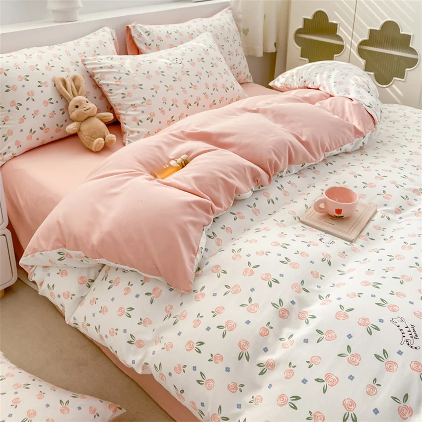 Korean Retro Floral Bedding Set 100% Washed Cotton Bed Sheets Set Soft Duvet Cover Bed Linen Pillowcase Single Double Queen King