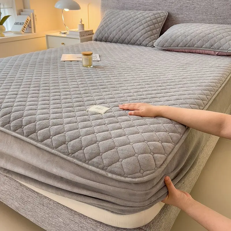 WASART Winter Warm Coral Fleece Mattress Protector Cover Quilted Thermal Elastic Fitted Sheet Luxury Double Bed Protection Pad