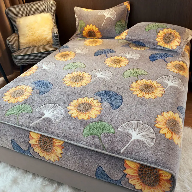 WOSTAR Winter thermal velvet fleece fitted sheet elastic mattress protector cover double bed couple fluffy flannel bed linen 150