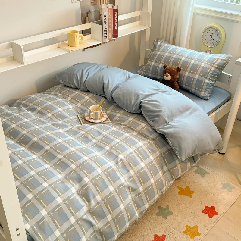 Washed Cotton Duvet Cover Set Quilt Set Ins Nordic Minimalist Style Plaid Bed Set Home Textile Students Bedding Set Bed Sheets