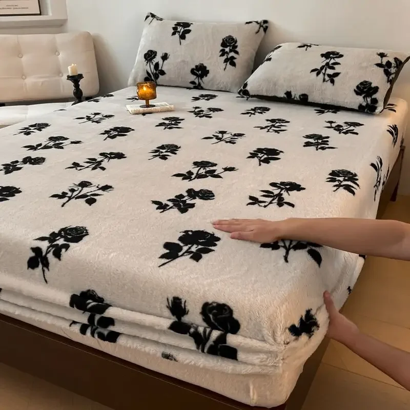 WASART Fluffy rabbit plush elastic fitted sheet mattress protector cover leopard print winter warm coral fleece bedsheet 90/150