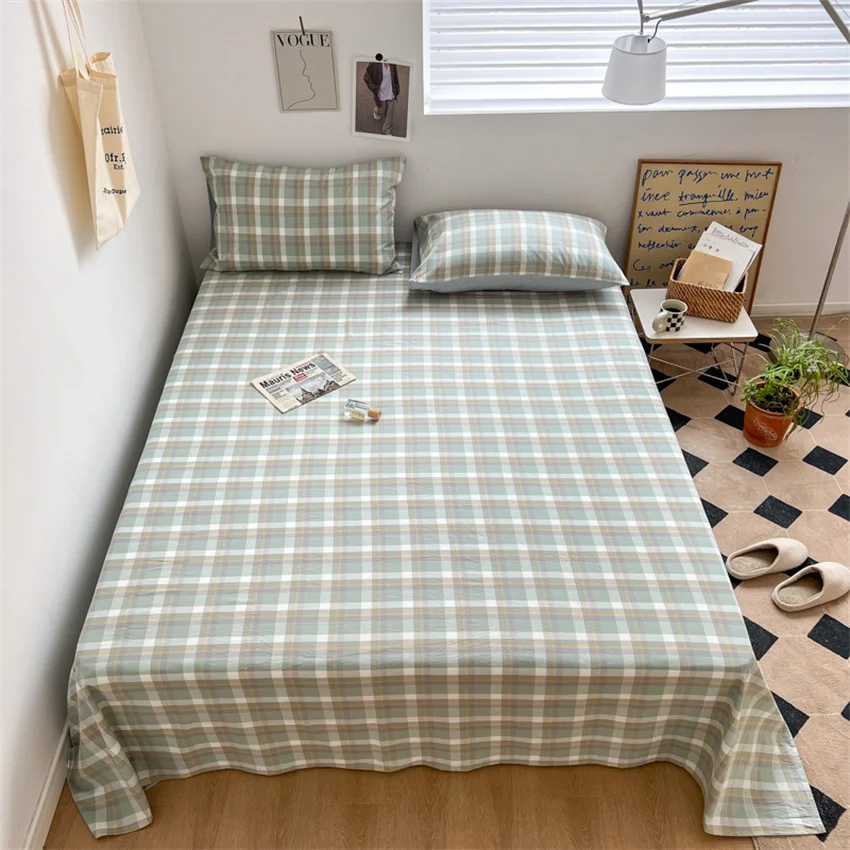 100% Pure Cotton Bedsheet 1pc Flat Sheets Nordic Grid Pattern Bed Sheet Soft Comfort Home Textile Without Pillowcase Multi-Size