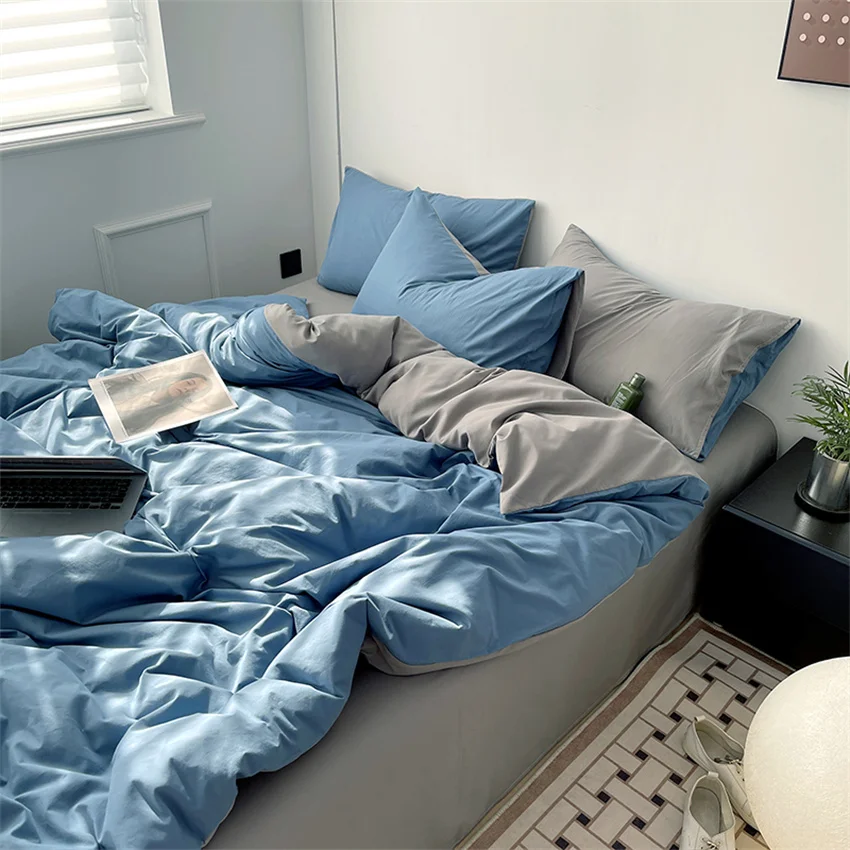 Ins Style Bedding Set Washed Cotton Duvet Cover Pillowcase Solid Color Soft Comforer Quilt Cover Bedspreads Bed Linen Flat Sheet
