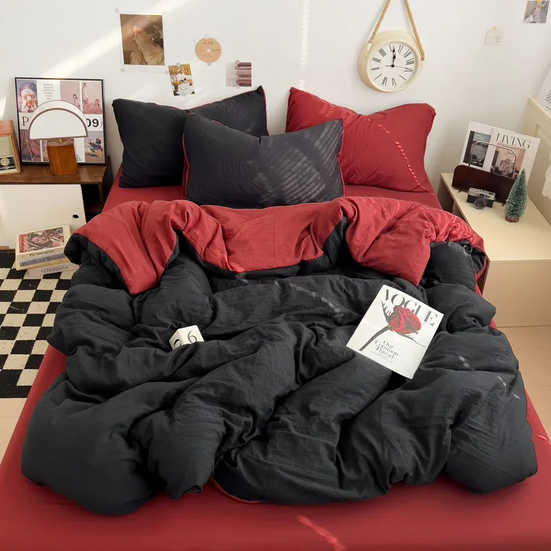 WASART Solid Color Washed Cotton 4-Piece Bedding Set Soft Durable Four Season Bed Sheets & Pillowcases for King Queen Full Size