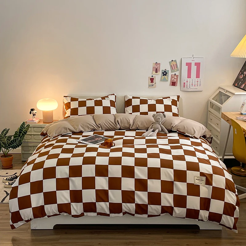 Pure Cotton Home Textile Plaid Pattern Bedding Set Simple Soft Duvet Cover Flat/Fitted Sheets Pillowcases Bed Linens Queen King