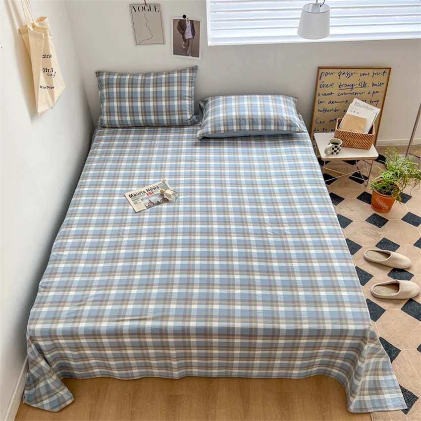 100% Pure Cotton Bedsheet 1pc Flat Sheets Nordic Grid Pattern Bed Sheet Soft Comfort Home Textile Without Pillowcase Multi-Size