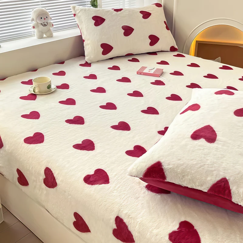 WOSTAR Winter warm plush fitted sheet elastic mattress protector cover red heart printed fluffy coral fleece bed linens 200x220