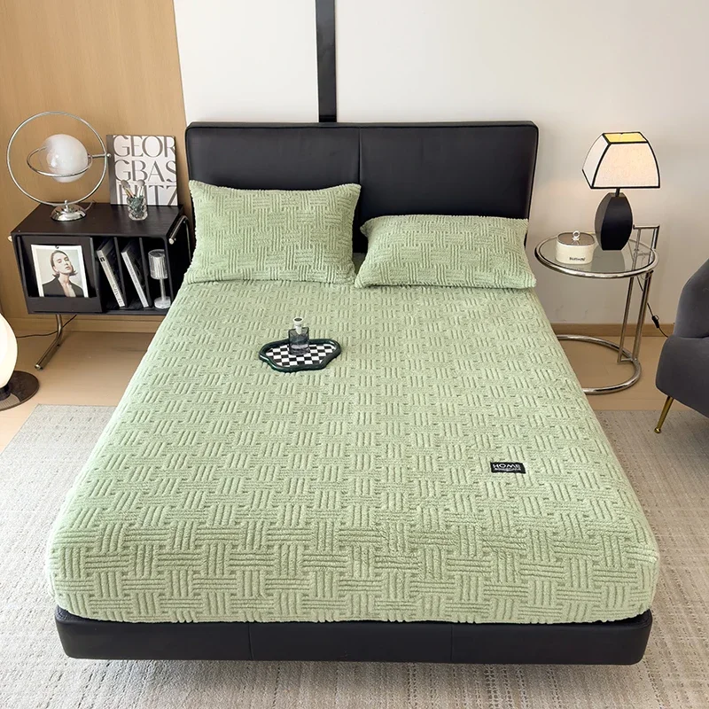WASART Fluffy coral fleece fitted sheet elastic mattress cover warm plush bed linen couple luxury double bed bedding king size