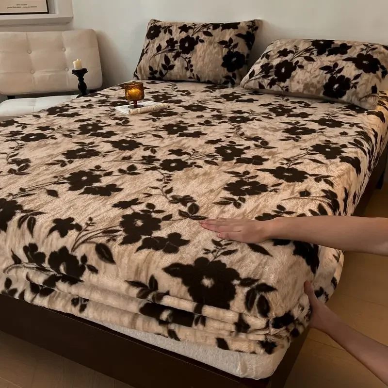 WASART Fluffy rabbit plush elastic fitted sheet mattress protector cover leopard print winter warm coral fleece bedsheet 90/150