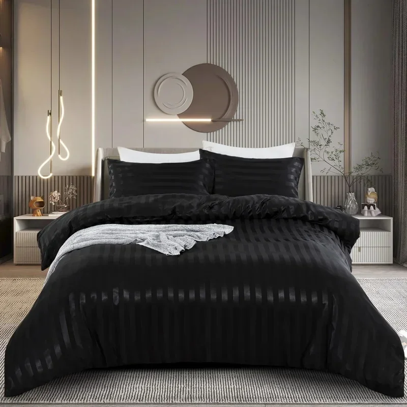WASART Satin Stripe Ivory White Duvet Cover Luxury Bedding Set Hotel Style 220x240cm Couple Comforter set King Size Hypoallergen
