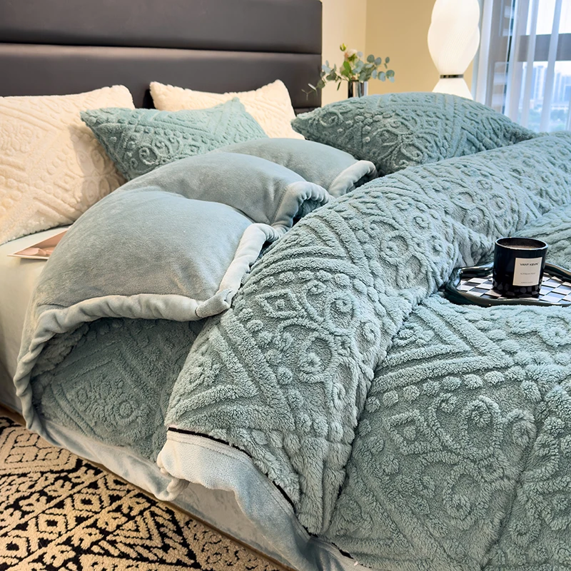 Solid Color Milk Velvet 4pcs Bedding Set with Quilt Cover Bed Sheet Pillowcase Luxury Thick Warm Duvet Cover Set Soft Bed Sets