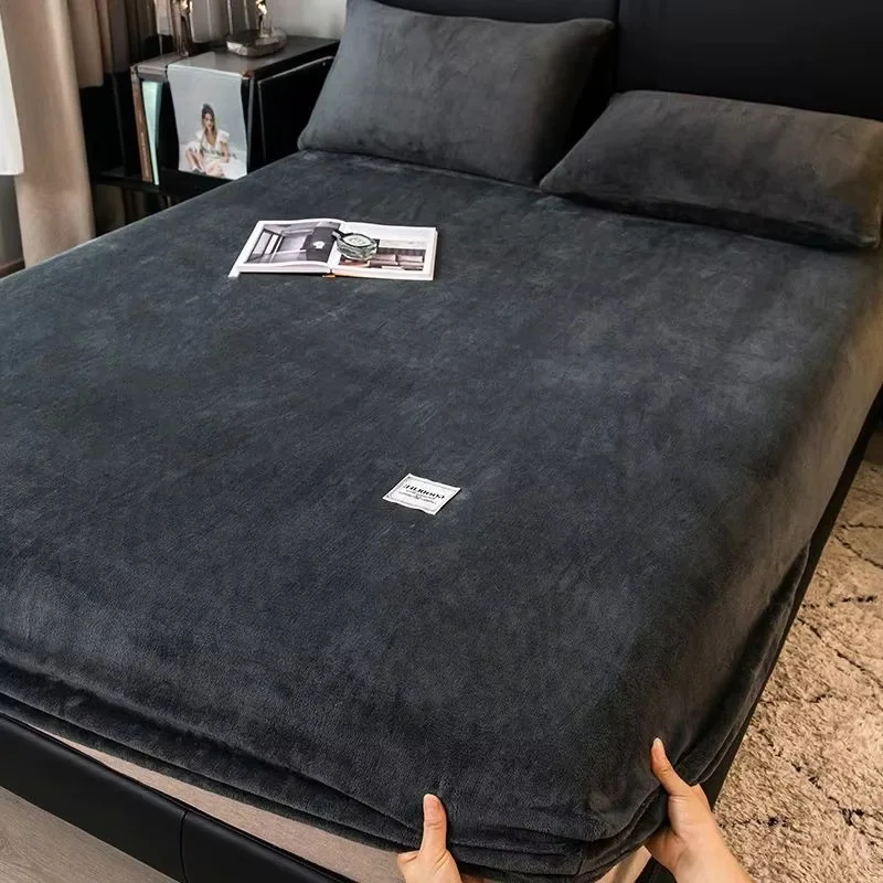 WASART Winter warm plush fitted sheet elastic mattress cover fluffy coral fleece bed linens couple luxury double bed king size