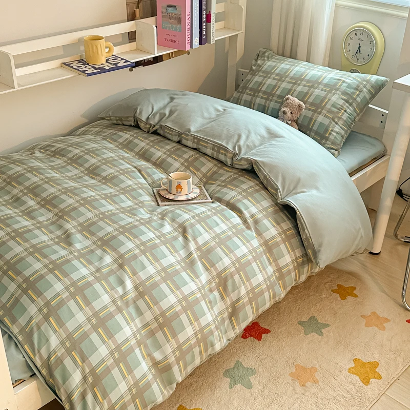 Washed Cotton Duvet Cover Set Quilt Set Ins Nordic Minimalist Style Plaid Bed Set Home Textile Students Bedding Set Bed Sheets