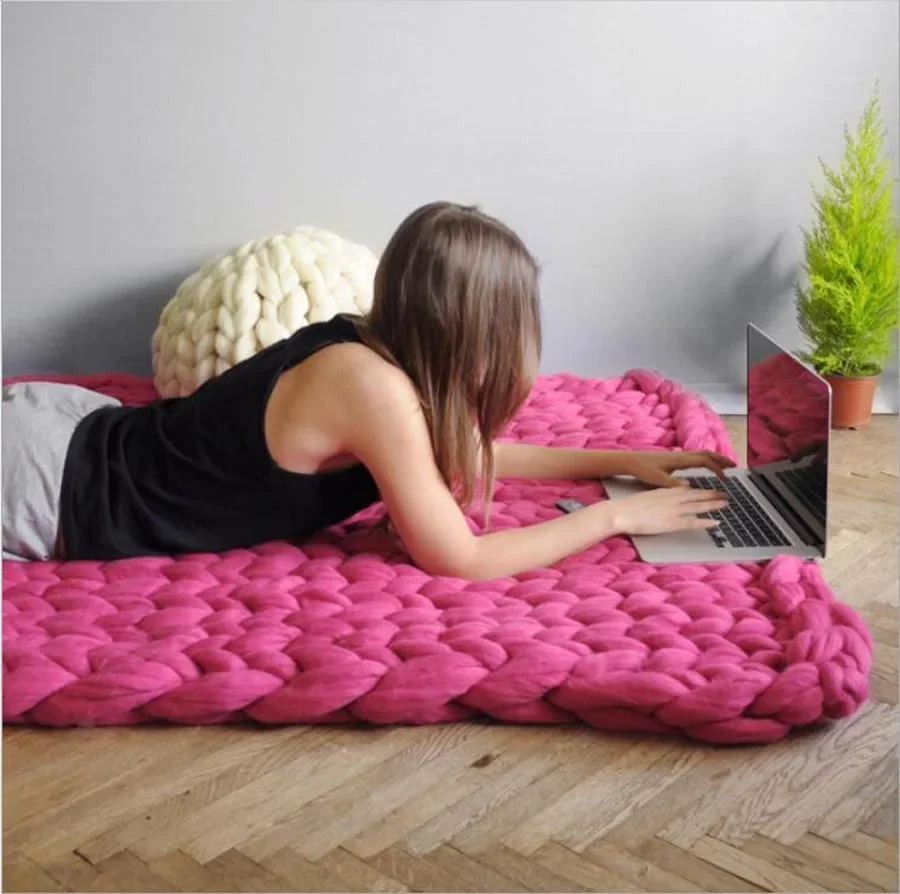 WASART Chunky merino wool blanket thick large yarn roving knitted blanket winter warm plaid throw blankets sofa bed blanket