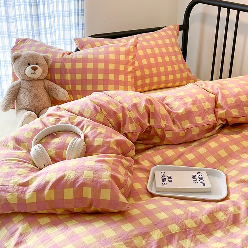 100% Cotton Soft Bedding Set Plaid Pattern Duvet Cover with Pillow Case Flatsheet Bedclothes Bedspread Pillowcases Comforter Set