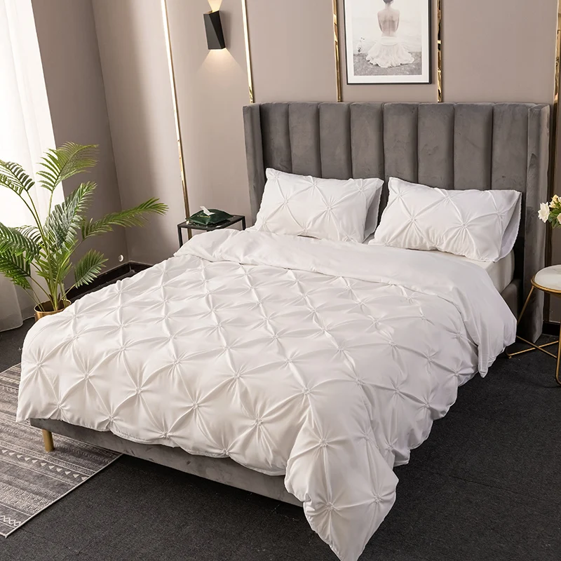 Battilo Pinch Pleated Duvet Cover Set Solid Quilt Cover with 2PCS Pillowcases Soft Bedding Set for Twin Full Queen King Size Bed