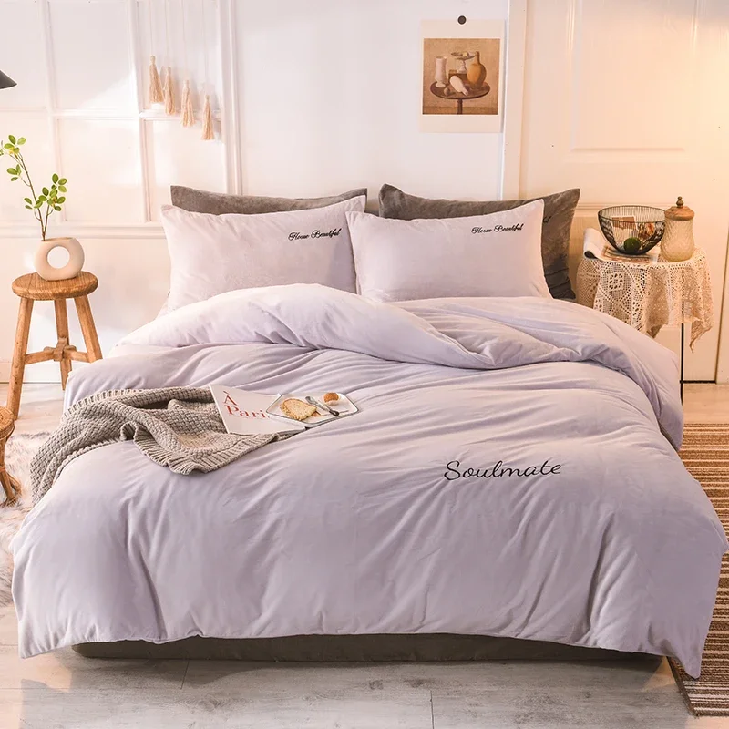 WASART Winter Warm Milk Fleece Duvet Cover 4PC Bedding Set Super King Size 220x240 Solid Embroidery Couple Luxury Home Textiles