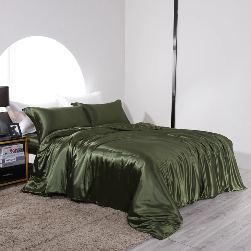 Blend Mulberry Silk Luxury Bedding Set Fitted & Flat Sheet Silky Duvet Cover Pillowcase for Home Hotel Premium Queen King Size