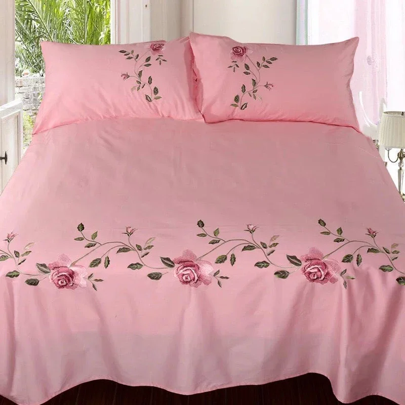 WASART Rose flora embroidery design flat bed sheet solid colour cotton twill linen bedding luxury home textiles queen king size