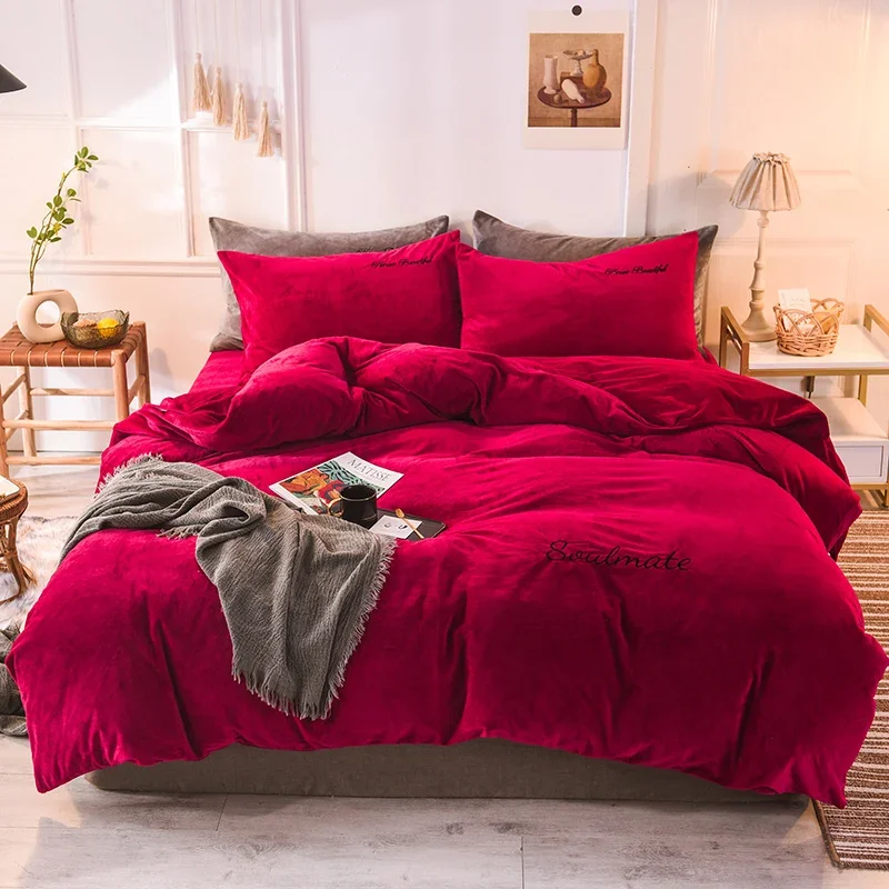 WASART Winter Warm Milk Fleece Duvet Cover 4PC Bedding Set Super King Size 220x240 Solid Embroidery Couple Luxury Home Textiles