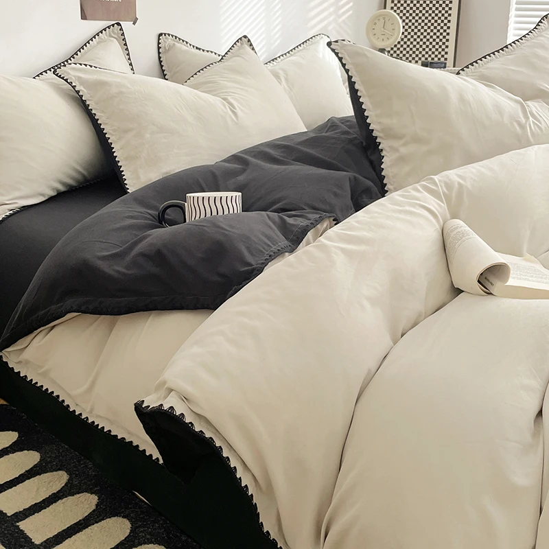 Simple Washed Cotton Bed Linen Bedding Set Four Piece Flat/Fitted Bed Sheet Set Comforter Set Full Double Couple Bed Quilt Cover