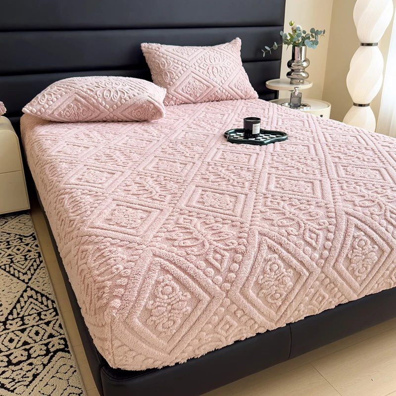 Jacauard Thick Warm Coral Plush Mattress Cover High Qulaity Abti-Slip Breathable Fitted Bed Sheet Single Double Queen King Size
