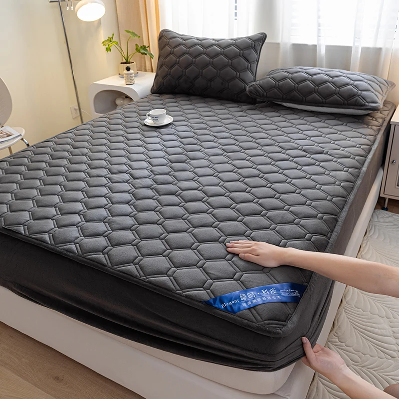 WASART Fluffy Coral Fleece Quilted Mattress Protector Cover Warm Cozy Milk Velvet Elastic Fitted Sheet 150X200 Winter Bed Linens