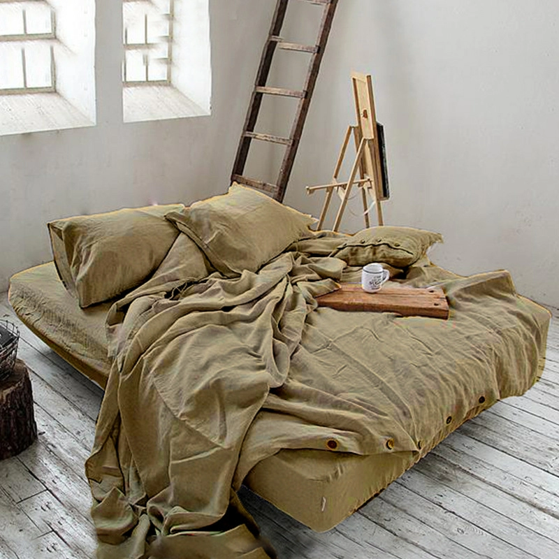 4PCS Pure Linen Bedding Set with Duvet Cover Flat Bed Sheet or Fitted Sheet Pillowcase 140x200 240x220 King Queen Single Size